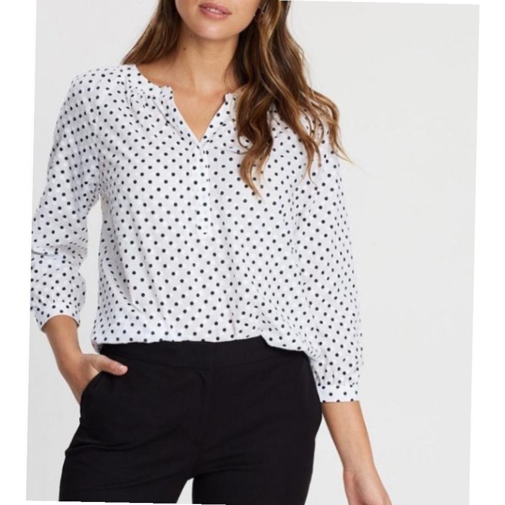 Finn & Grace Blouse White Polka Dot Wrap Front Surplice Women Size M